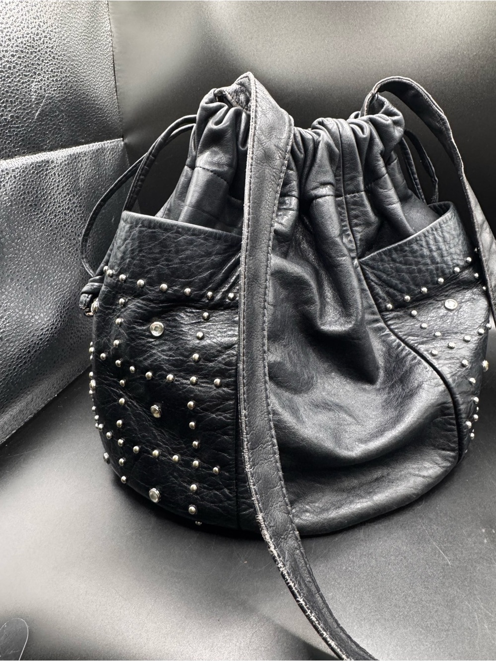 LJ Simone New York 1980s Black Studded Leather Drawstring Shoulder Bag